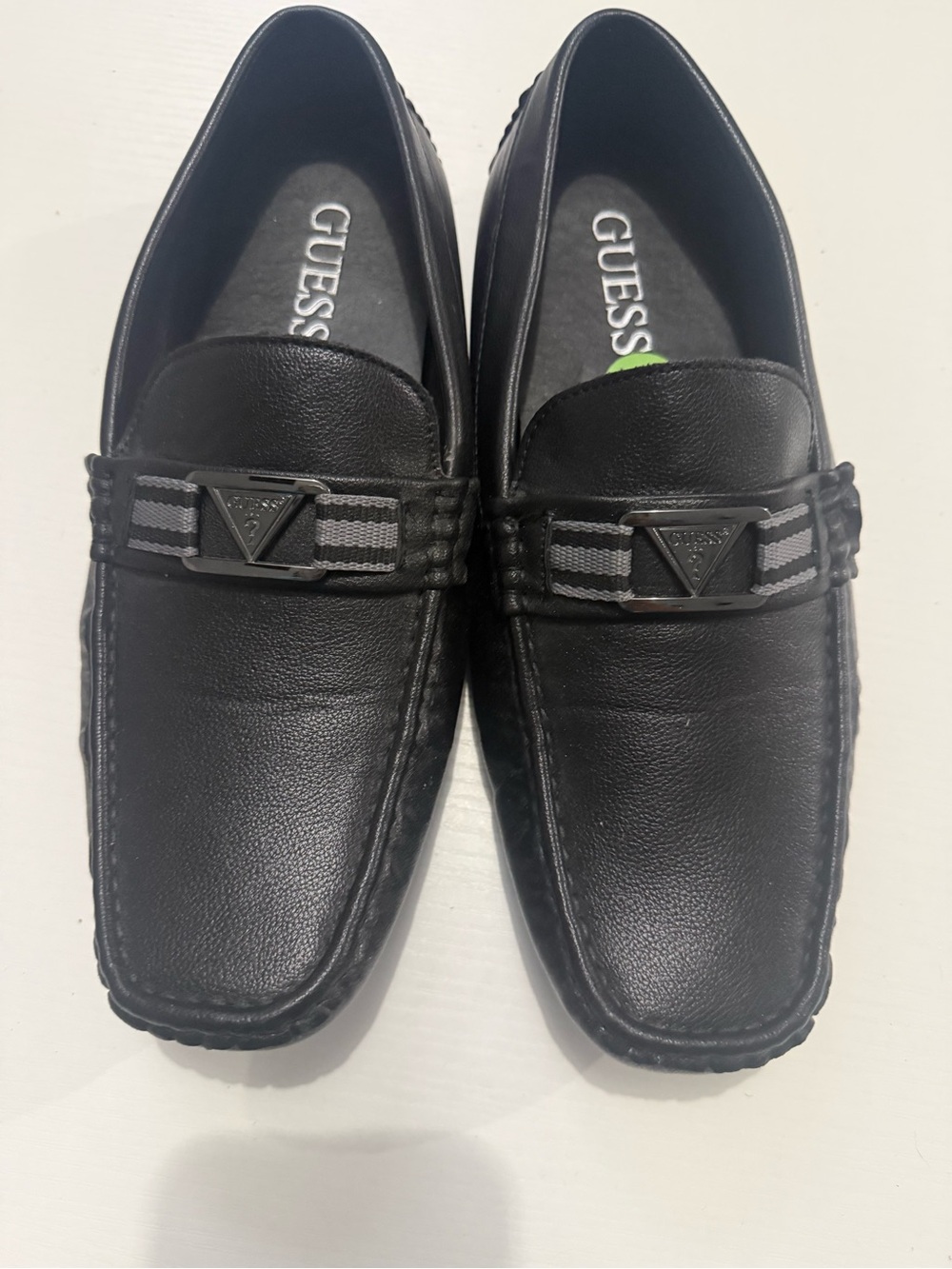 GUESS Black Slip-On Leather Moccasin Loafers with Striped Accent